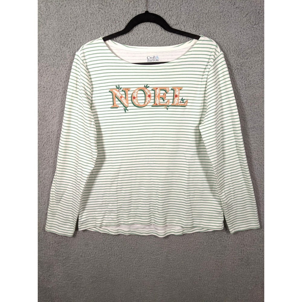 Croft & Barrow Holiday Shirt Women M NOEL Graphic White Green Stripped Christmas